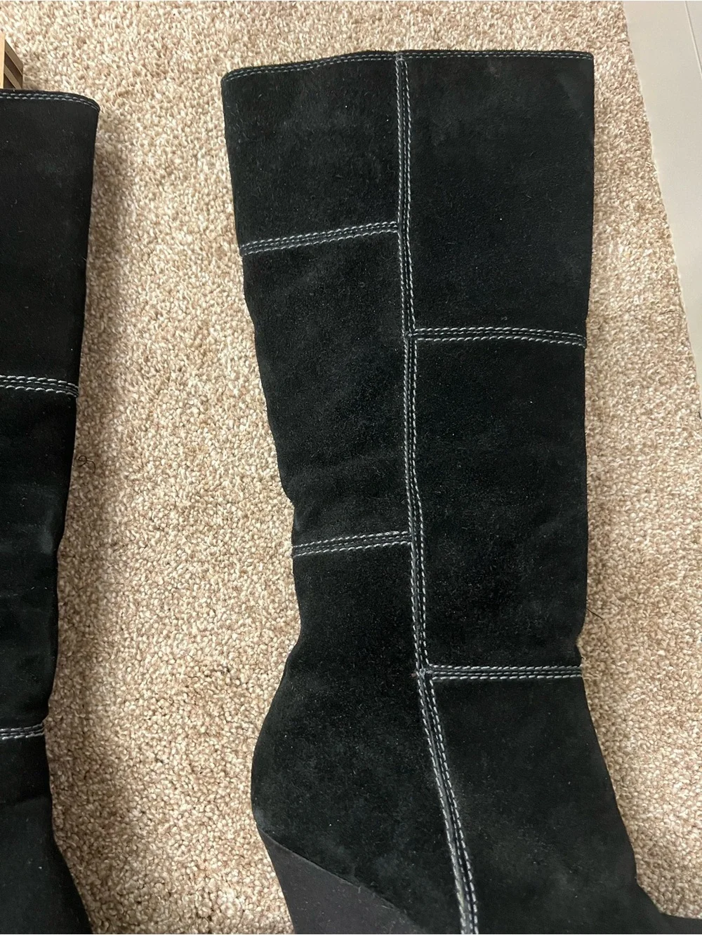Genuine Stylish black suede knee boots with a comfortable wedge heel.